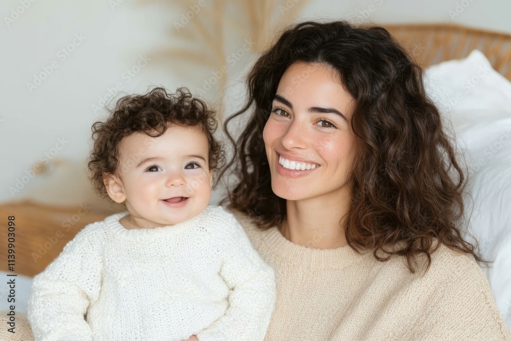 A mother tenderly holding her baby with a white bow on a light background. Gentle, loving, peaceful motherhood concept A mother tenderly holding her baby with a white bow on a light background. Gentle, loving, peaceful motherhood concept