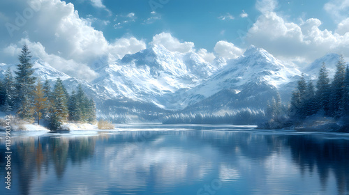 Serene Winter Wonderland: A picturesque scene of a tranquil lake mirroring snow-capped mountains under a bright blue sky. The serene landscape evokes a sense of peace and tranquility.