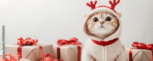 A festive cat wearing antlers sits among wrapped presents, embodying holiday cheer and cuteness. photo