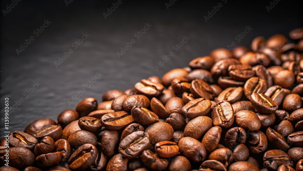 Naklejka premium Closeup of brown roasted coffee beans on a dark background, coffee, beans, roasted, closeup, dark, background, caffeine, beverage