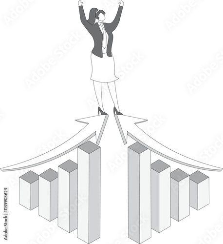 Business concept illustration, businesswoman on two arrow stilts, creative smart businesswoman achieve business growth