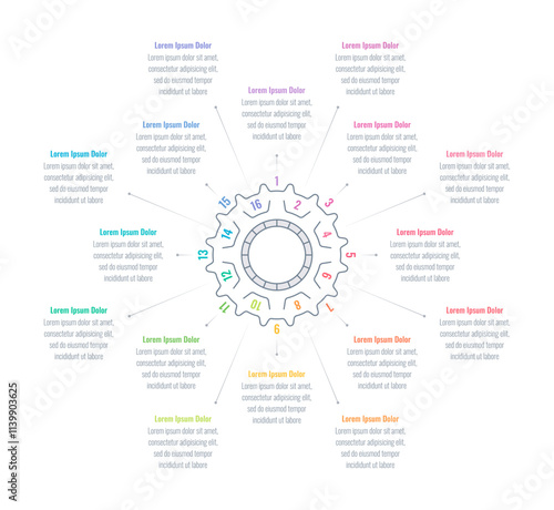 infographic template for magazine, annual report. infographic template for education, industry, business, science world. gear, cogwheel infographic template. sixteen steps information template