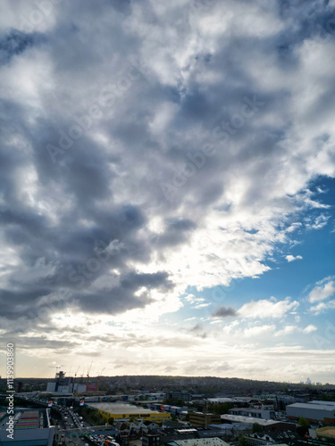 High Angle View of Brent Cross West Hendon London City of England United Kingdom, High Angle Drone's Camera Footage Was Captured on April 17th, 2024 from Medium High Altitude. photo