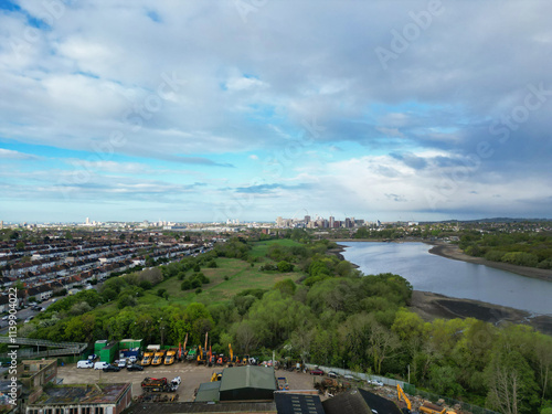 High Angle View of Brent Cross West Hendon London City of England United Kingdom, High Angle Drone's Camera Footage Was Captured on April 17th, 2024 from Medium High Altitude. photo