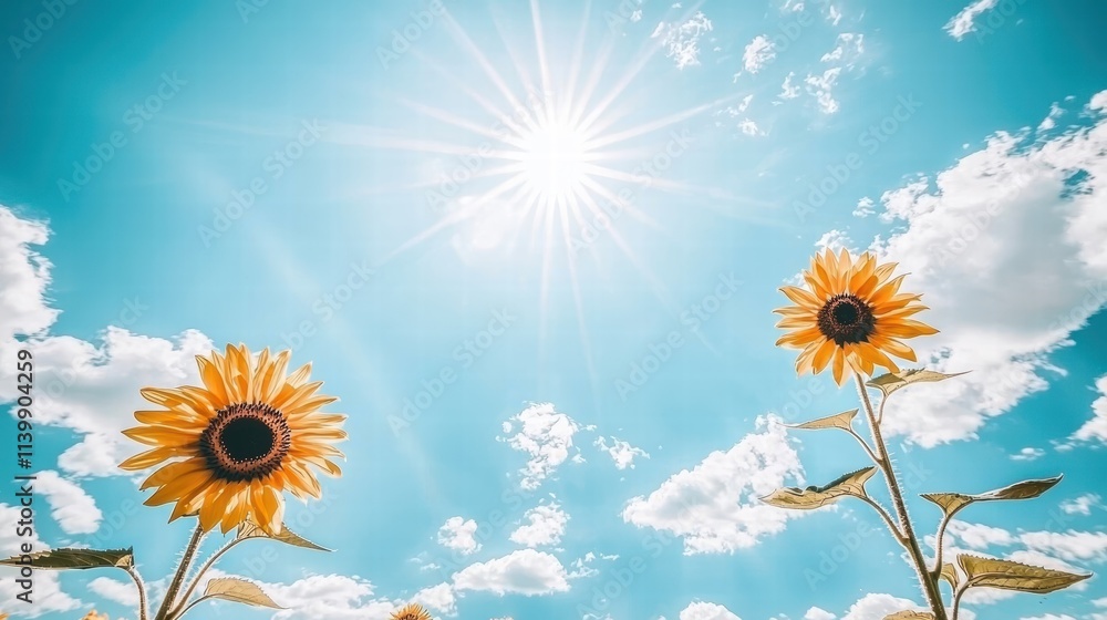 Bright Sunflowers Under a Clear Blue Sky with Radiant Sunshine Bright Sunflowers Under a Clear Blue Sky with Radiant Sunshine