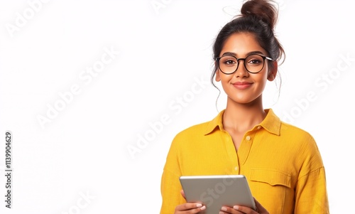 Young Indian Woman in Yellow Shirt Smiling While Using Tablet, Happy and Engaged in Modern Technology, Isolated on White Background