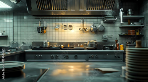 Restaurant Kitchen 3D Illustration:  Steel Appliances and Tile Walls