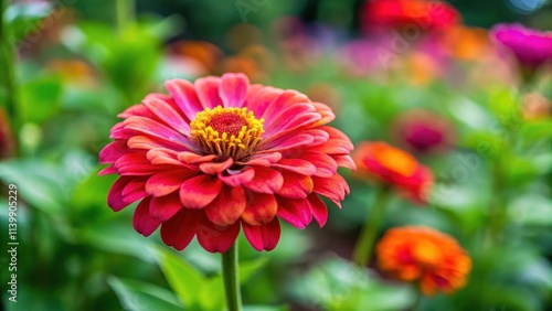 Vibrant Zinnia elegans flower blooming in outdoor garden, Zinnia, Zinnia elegans, Common Zinnia, Dahlia Flowered