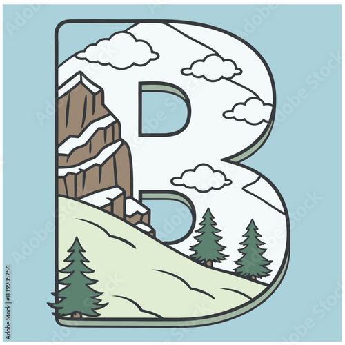 Design the letter 'B' as a sharp mountain peak with snowy textures, evergreen trees, and rugged rock formations for an alpine feel.