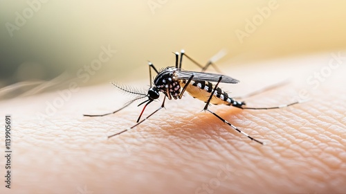 Wallpaper Mural Aedes mosquito biting an ankle, its black-and-white striped body set against smooth skin in a natural outdoor setting. Torontodigital.ca