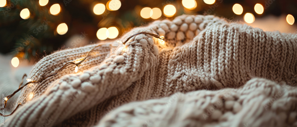 Fototapeta premium Close-up of a beige knitted sweater texture with glowing garland,cones,fir branches. Warm, cozy winter background with soft pastel tones, perfect for relaxation, holiday, and hygge.Generative ai