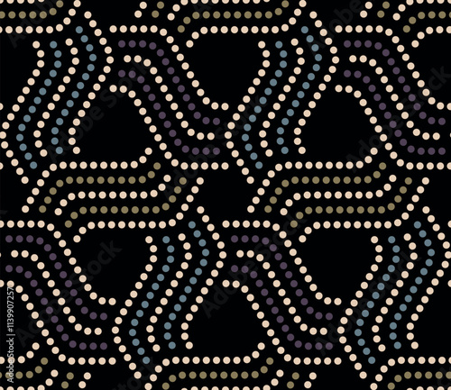 Interlaced striped geometric elements composed of dotty lines on a black background. Modern ethnic style. Seamless repeating pattern. Abstract vector illustration.