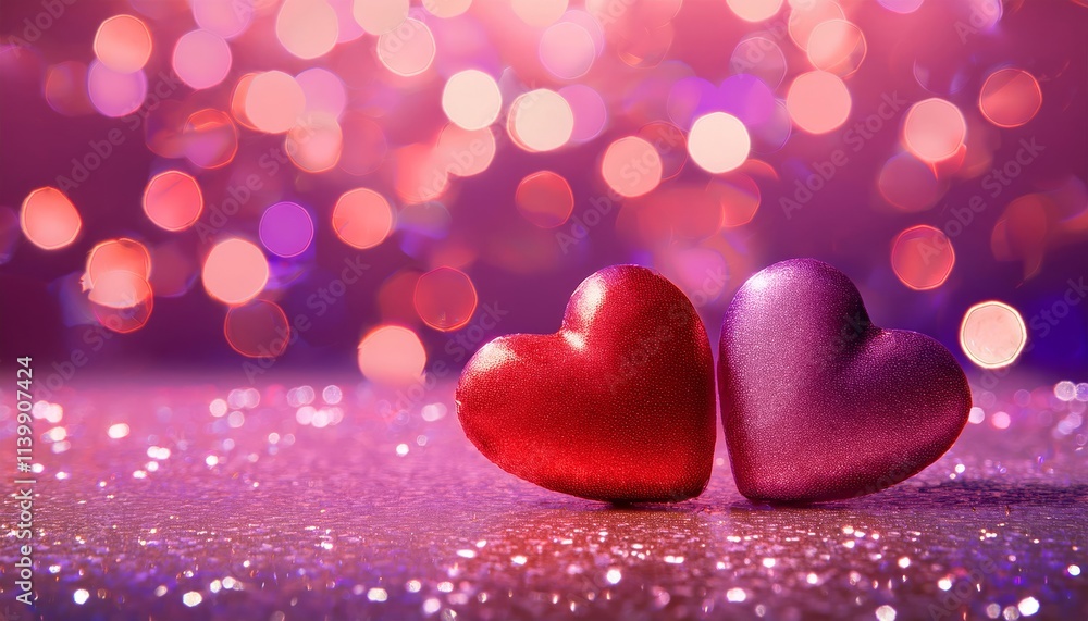 Fototapeta premium Two red hearts on a glittery surface with a pink and purple bokeh background filled with heart shapes