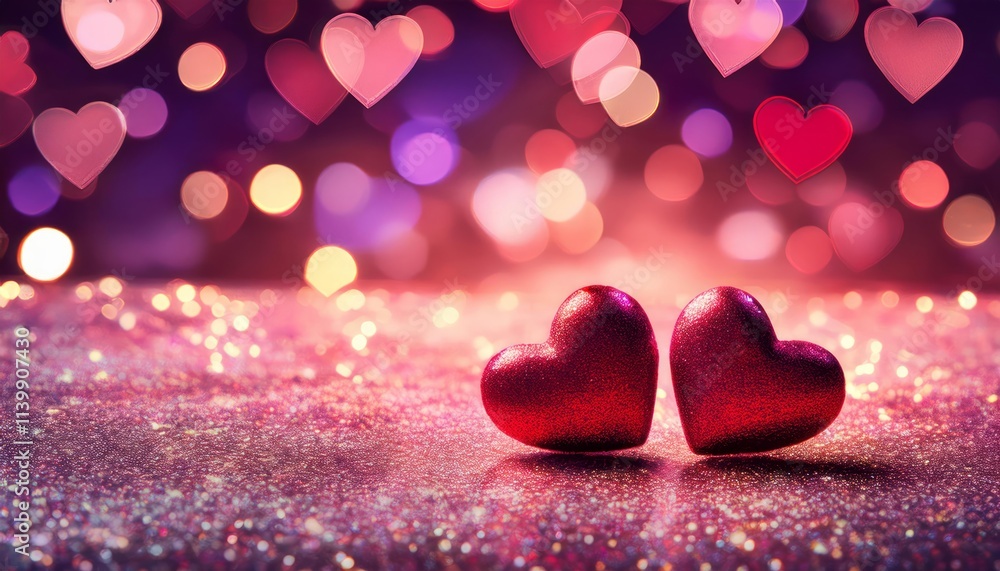Two red hearts on a glittery surface with a pink and purple bokeh background filled with heart shapes Two red hearts on a glittery surface with a pink and purple bokeh background filled with heart shapes