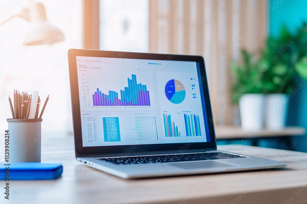 Machine learning-focused workstation, clean desk with a high-performance laptop connected to an external GPU, screens showing data charts Machine learning-focused workstation, clean desk with a high-performance laptop connected to an external GPU, screens showing data charts