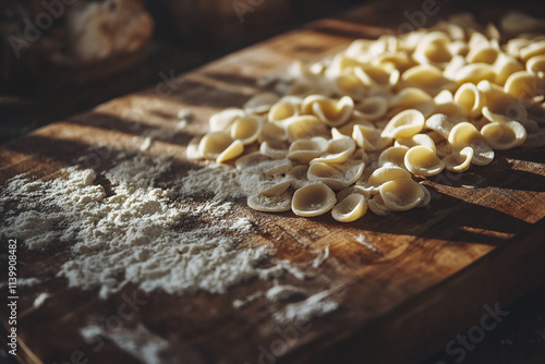 Orecchiette pasta close-up, uncooked and neatly arranged on a wooden cutting board, dusted with flour photo