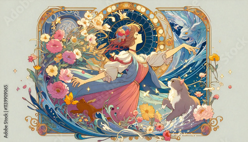 A cel-style illustration of a cat and a girl.generated by AI
