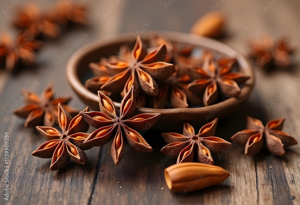 Wooden board with bowl of aromatic star anise, closeup
Wooden board with bowl of aromatic star anise, closeup