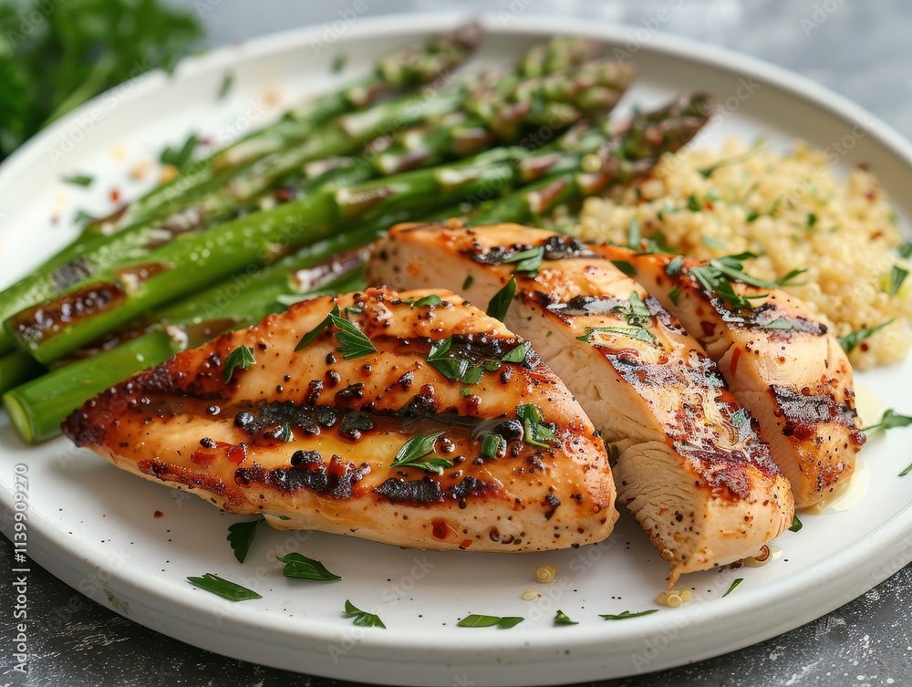 Grilled chicken breast with asparagus and quinoa on a plate. Grilled chicken breast with asparagus and quinoa on a plate.
