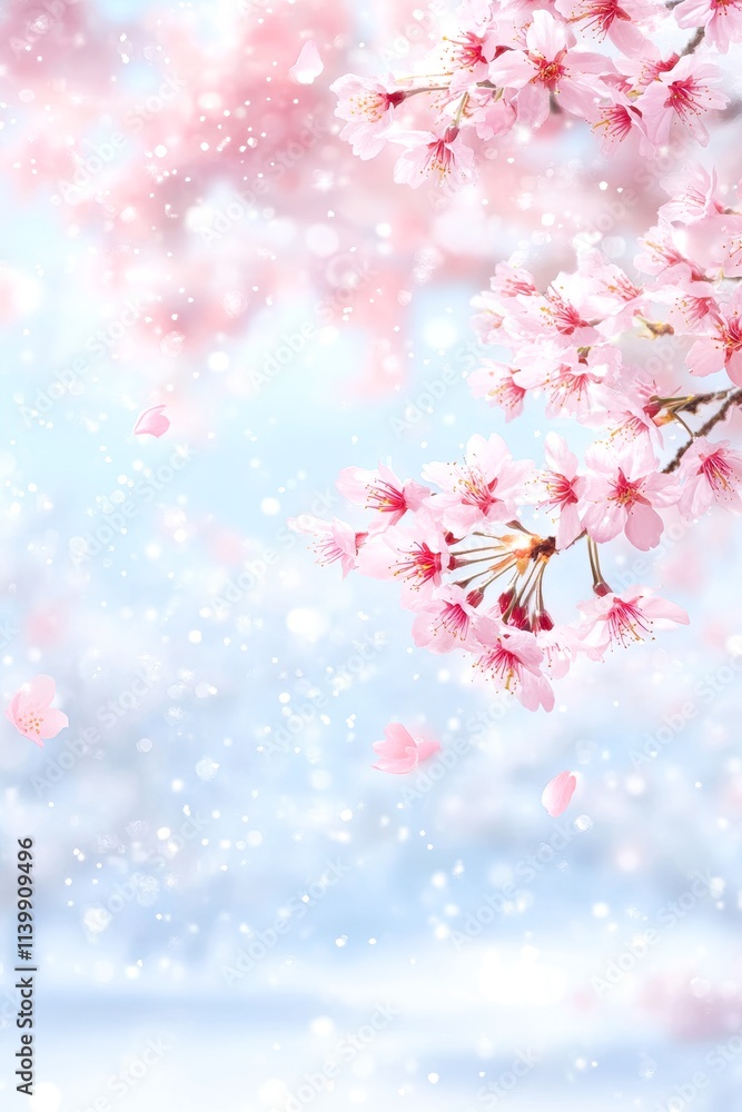 Delicate cherry blossoms in soft pink hues against a dreamy blue background create a serene atmosphere, Ideal for springtime themes, floral designs, or tranquility in wellness projects, Delicate cherry blossoms in soft pink hues against a dreamy blue background create a serene atmosphere, Ideal for springtime themes, floral designs, or tranquility in wellness projects,