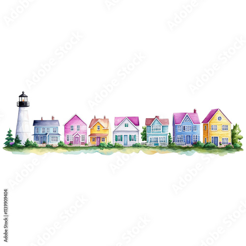 Colorful coastal houses with a lighthouse illustration, perfect for summer or beach-themed designs and promotional materials photo