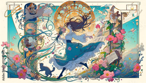 A cel-style illustration of a cat and a girl.generated by AI