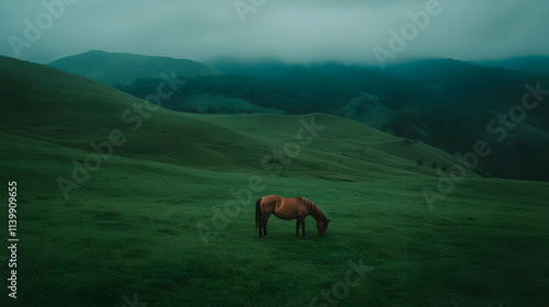 Serene Horse in Misty Green Hills - Realistic Landscape Illustration