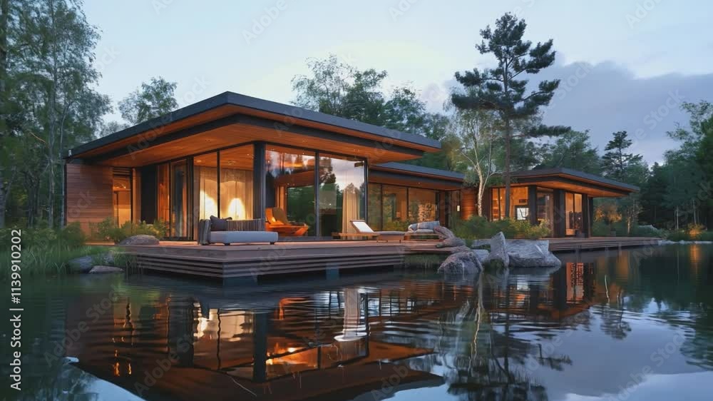 Modern Lakefront Retreat. A tranquil escape with a contemporary, minimalist design. A spacious deck extends over the water, inviting relaxation and connection with nature. Modern Lakefront Retreat. A tranquil escape with a contemporary, minimalist design. A spacious deck extends over the water, inviting relaxation and connection with nature.
