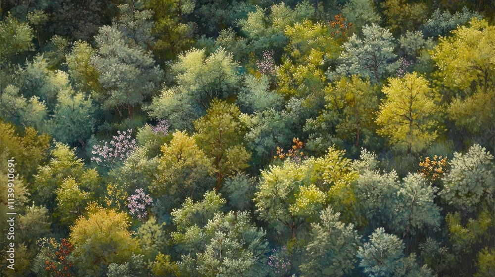 Aerial view of lush green forest canopy with diverse foliage and colors. Aerial view of lush green forest canopy with diverse foliage and colors.