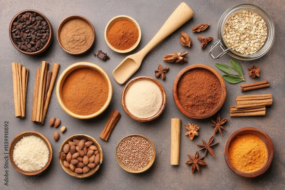 Spices and herbs on spoons with a variety of ingredients like cinnamon, chili, paprika, and curry for cooking and seasoning Spices and herbs on spoons with a variety of ingredients like cinnamon, chili, paprika, and curry for cooking and seasoning