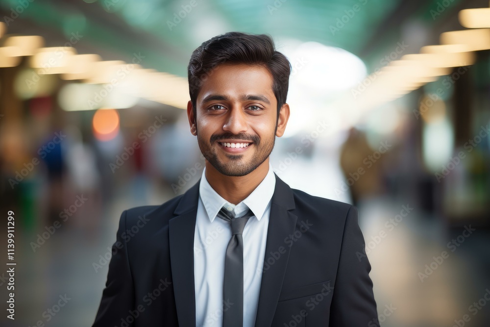 Portrait of a confident indian businessman smiling in a modern office building hallway Portrait of a confident indian businessman smiling in a modern office building hallway