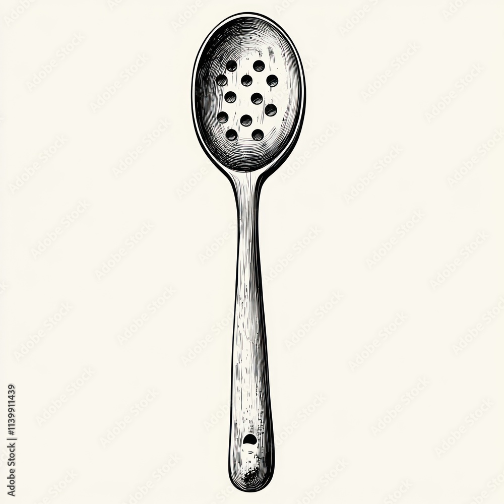 Hand-drawn illustration of a slotted spoon. Hand-drawn illustration of a slotted spoon.