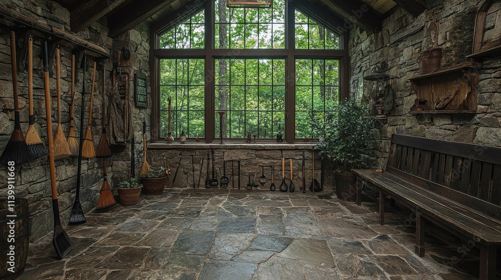 A cozy room lined with rustic stone walls and large windows, showcasing tools and greenery, evoking a serene atmosphere. A cozy room lined with rustic stone walls and large windows, showcasing tools and greenery, evoking a serene atmosphere.