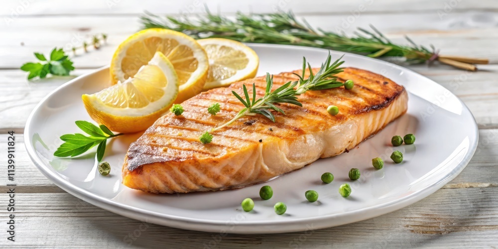 Grilled salmon steak on a white plate with lemon slices and herbs, salmon, seafood, grilled, steak, fish, healthy, meal, dinner Grilled salmon steak on a white plate with lemon slices and herbs, salmon, seafood, grilled, steak, fish, healthy, meal, dinner