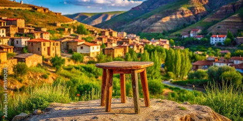 Rustic Kiz?ren stool in a charming village landscape in Konya , vintage, wooden, traditional, rustic, stool, chair