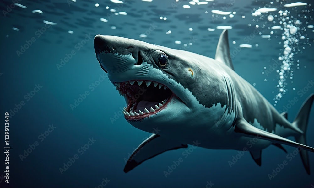 Fototapeta premium Great white shark underwater photography deep blue ocean