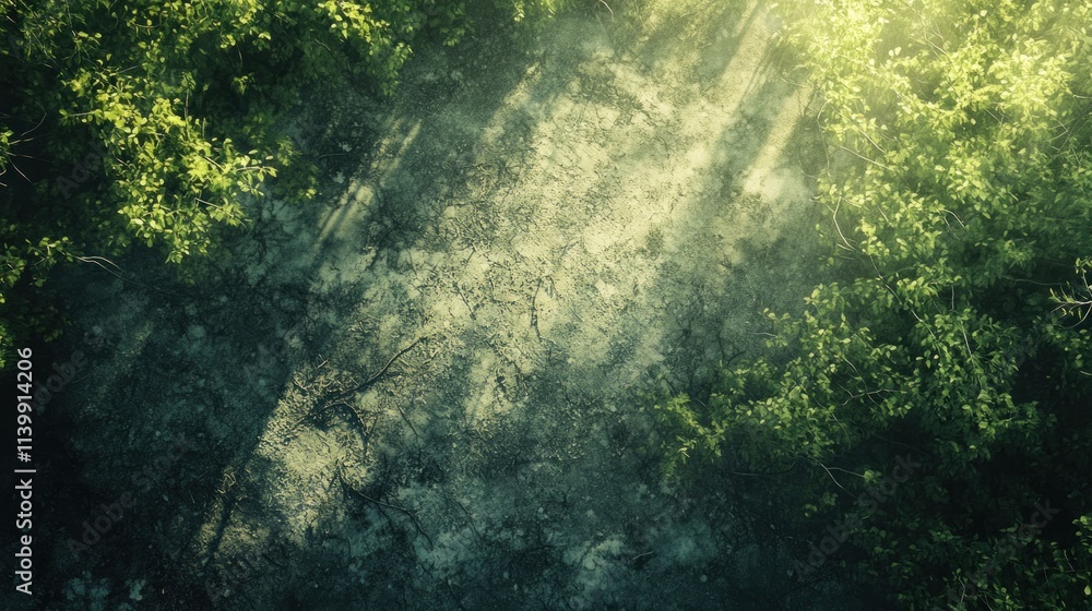 Aerial view of sunlit cracked earth between lush green vegetation. Aerial view of sunlit cracked earth between lush green vegetation.