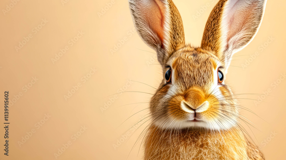 Obraz premium Close-up of a red rabbit on a beige background.