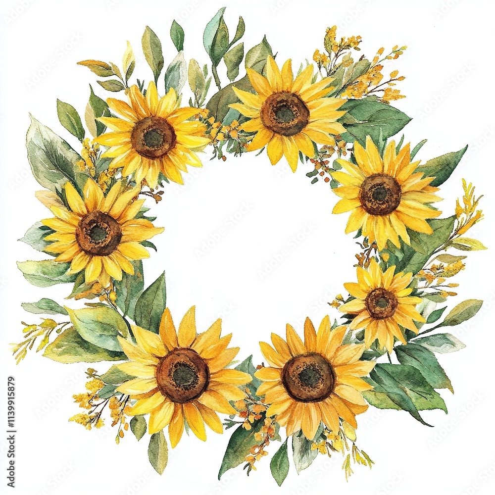 Watercolor painting of a sunflower wreath with golden flowers and soft green foliage Watercolor painting of a sunflower wreath with golden flowers and soft green foliage