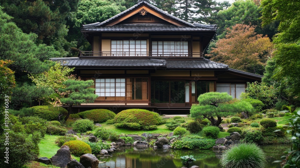 Traditional Japanese House Amidst Lush Green Garden Traditional Japanese House Amidst Lush Green Garden