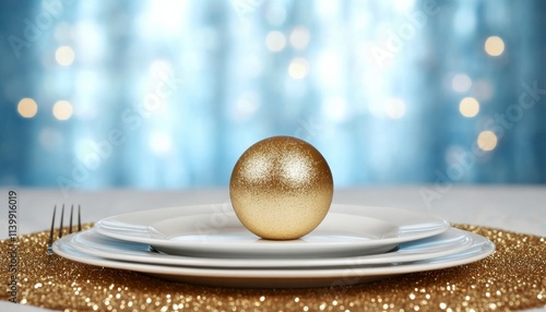 Gold bauble on elegant place setting. photo