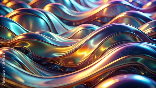 Abstract metallic soft waves and shiny iridescent liquid shapes in a render , abstract, metallic, soft, waves, shiny