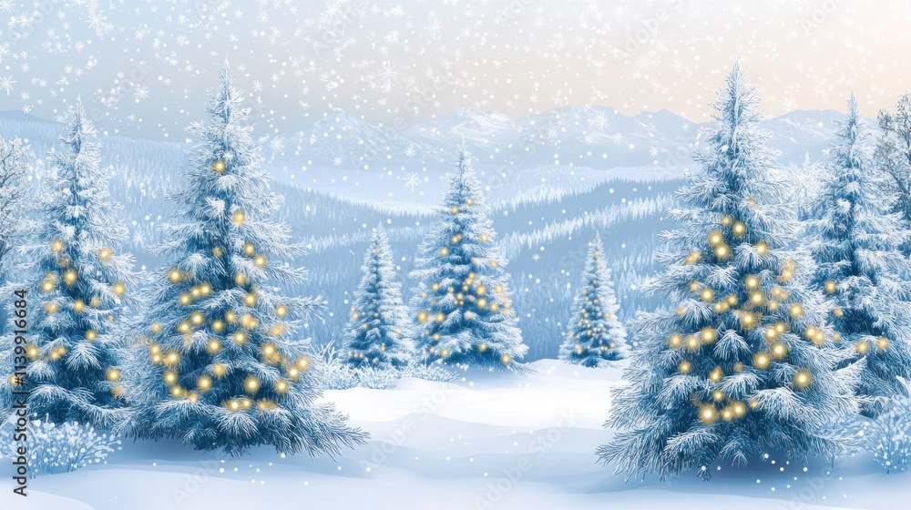 Snowy winter landscape with illuminated Christmas trees. Snowy winter landscape with illuminated Christmas trees.