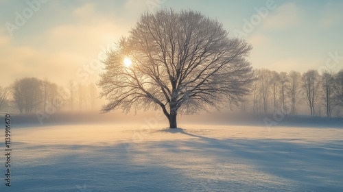 lonely tree on snowy meadow, beautiful winter landscape