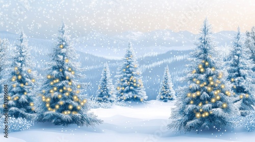 Snowy winter landscape with illuminated Christmas trees.