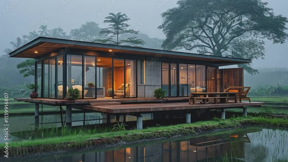 Modern Minimalist Cabin on Stilts. A serene retreat nestled amidst tranquil waters. The contemporary design of this stunning cabin features floor-to-ceiling windows, sleek lines. Modern Minimalist Cabin on Stilts. A serene retreat nestled amidst tranquil waters. The contemporary design of this stunning cabin features floor-to-ceiling windows, sleek lines.