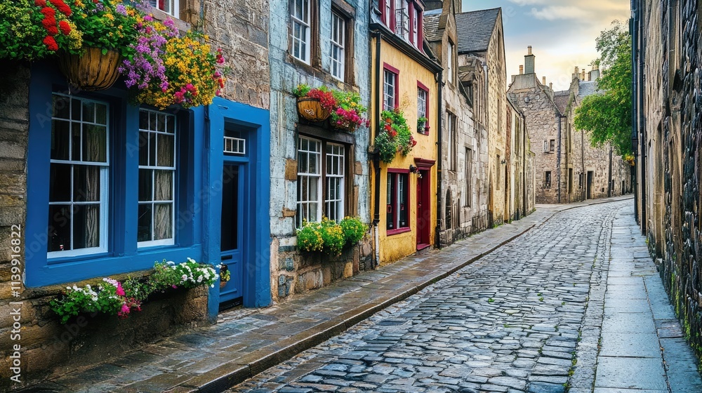 Obraz premium Charming Cobblestone Street with Colorful Buildings and Flowers