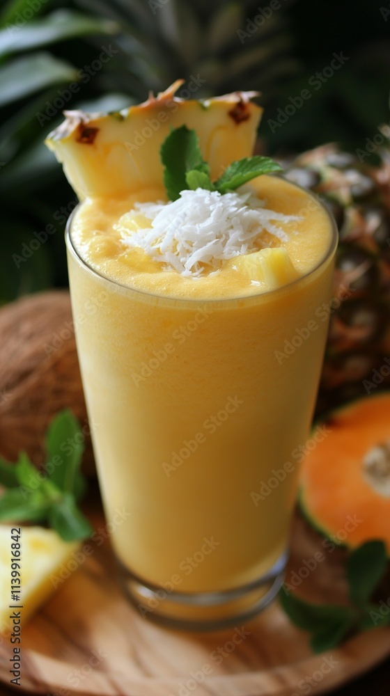 Yellow detox smoothie made from fresh pineapple on wooden table Yellow detox smoothie made from fresh pineapple on wooden table