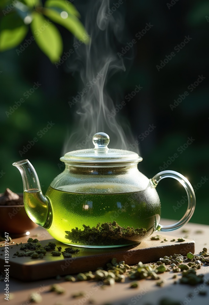 Steaming Green Tea in Glass Teapot
Steaming Green Tea in Glass Teapot