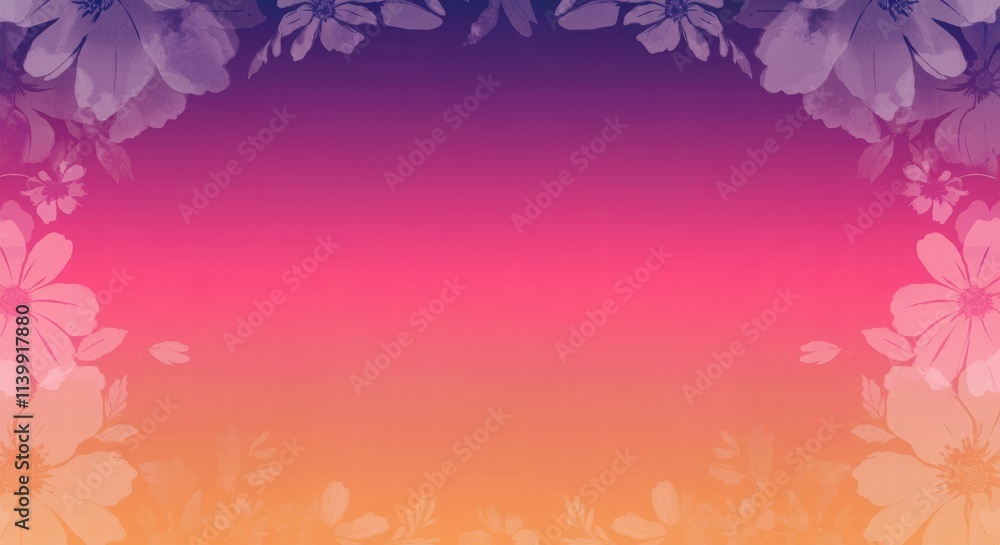 Floral Frame: A delicate frame of white floral silhouettes gracefully encircles a vibrant gradient background, transitioning from deep purple to soft pink and warm orange. Floral Frame: A delicate frame of white floral silhouettes gracefully encircles a vibrant gradient background, transitioning from deep purple to soft pink and warm orange.
